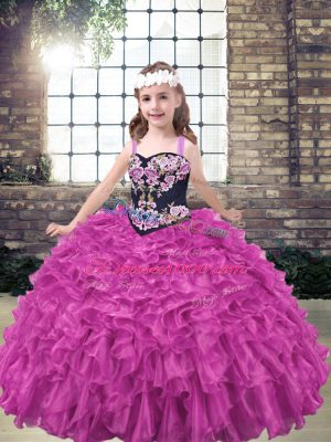 Fuchsia Organza Lace Up Pageant Dress for Womens Sleeveless Floor Length Embroidery and Ruffled Layers