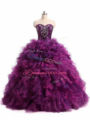 Floor Length Lace Up Quinceanera Dress Purple for Military Ball and Sweet 16 and Quinceanera with Beading and Ruffles