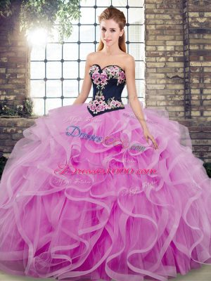 Customized Lilac Ball Gowns Tulle Sweetheart Sleeveless Embroidery and Ruffles Lace Up Quinceanera Gowns Sweep Train