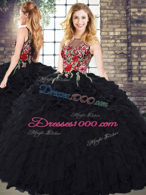 Black Organza Zipper 15th Birthday Dress Sleeveless Floor Length Embroidery and Ruffles