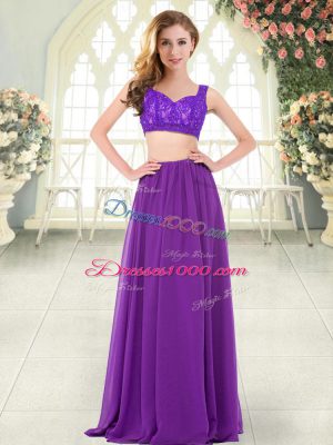 Stunning Floor Length Zipper Teens Party Dress Purple for Prom and Party with Beading and Lace