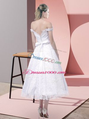 White Criss Cross Strapless Belt Prom Evening Gown Lace Sleeveless