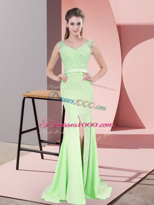 V-neck Sleeveless Sweep Train Zipper Prom Dress Apple Green Chiffon