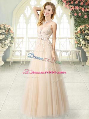 Champagne Zipper V-neck Appliques Prom Dress Tulle Sleeveless