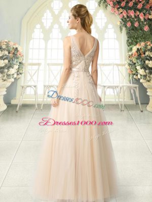 Champagne Zipper V-neck Appliques Prom Dress Tulle Sleeveless