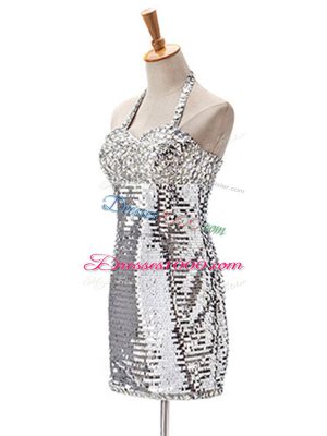 Nice Halter Top Sleeveless Party Dress Mini Length Ruching Silver Sequined