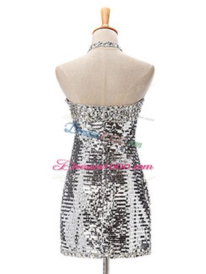 Nice Halter Top Sleeveless Party Dress Mini Length Ruching Silver Sequined