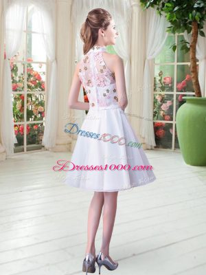 Colorful White A-line High-neck Sleeveless Tulle Knee Length Zipper Appliques Dress for Prom