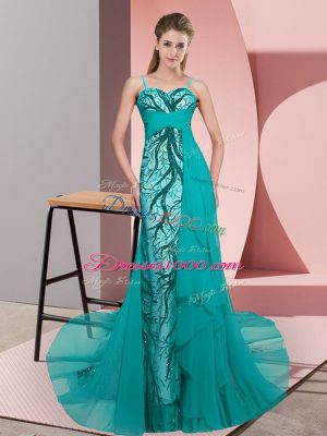 Admirable Sleeveless Beading and Lace Zipper Prom Gown with Teal Sweep Train