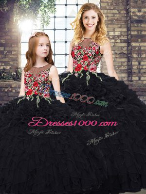 Pretty Black Ball Gowns Embroidery and Ruffles 15 Quinceanera Dress Zipper Organza Sleeveless Floor Length