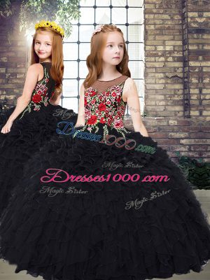 Pretty Black Ball Gowns Embroidery and Ruffles 15 Quinceanera Dress Zipper Organza Sleeveless Floor Length