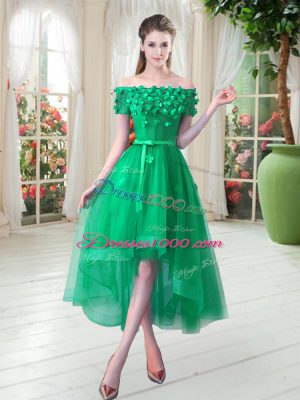 Short Sleeves High Low Appliques Lace Up Prom Party Dress with Green