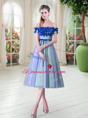 Off The Shoulder Sleeveless Lace Up Prom Party Dress Blue Tulle