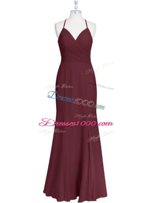 Custom Fit Burgundy Sleeveless Chiffon Criss Cross Prom Dress for Prom and Party and Military Ball