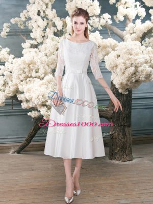 Tea Length White Prom Gown Scoop 3 4 Length Sleeve Zipper