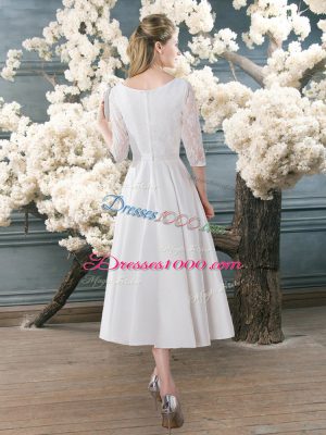 Tea Length White Prom Gown Scoop 3 4 Length Sleeve Zipper