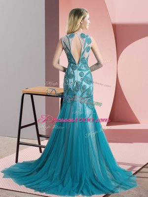 Unique Green Sleeveless Sweep Train Beading and Appliques Prom Gown