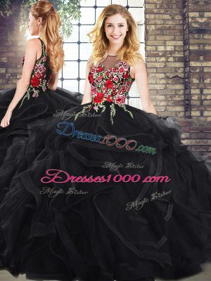 Black Zipper Quince Ball Gowns Embroidery and Ruffles Sleeveless Floor Length