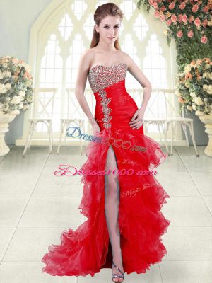 Sumptuous Mermaid Sleeveless Red Prom Dress Brush Train Lace Up