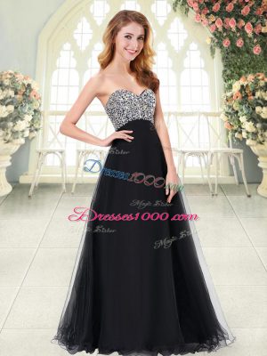 Black A-line Tulle Sweetheart Sleeveless Beading Floor Length Lace Up Prom Gown