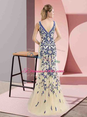 Romantic Mermaid Custom Made Champagne V-neck Tulle Sleeveless Floor Length Zipper