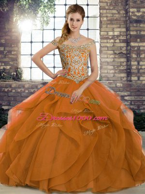 Off The Shoulder Sleeveless Quinceanera Gown Brush Train Beading and Ruffles Orange Tulle