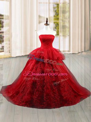 Strapless Sleeveless Tulle Vestidos de Quinceanera Lace and Ruffles Brush Train Lace Up