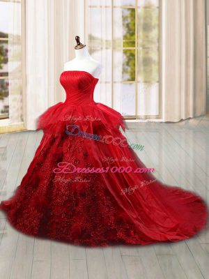 Strapless Sleeveless Tulle Vestidos de Quinceanera Lace and Ruffles Brush Train Lace Up