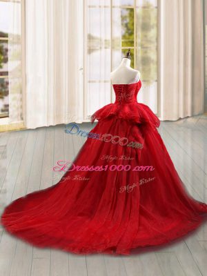 Strapless Sleeveless Tulle Vestidos de Quinceanera Lace and Ruffles Brush Train Lace Up