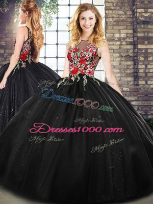 Dramatic Black Ball Gowns Tulle Scoop Sleeveless Embroidery Floor Length Zipper Sweet 16 Quinceanera Dress