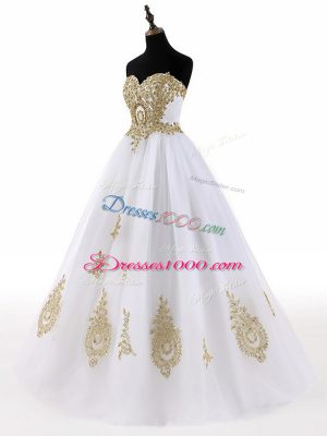 Sleeveless Floor Length Beading and Appliques Lace Up Vestidos de Quinceanera with White