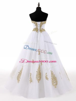 Sleeveless Floor Length Beading and Appliques Lace Up Vestidos de Quinceanera with White