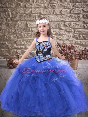 Super Ball Gowns Pageant Dress for Girls Royal Blue Straps Tulle Sleeveless Floor Length Lace Up