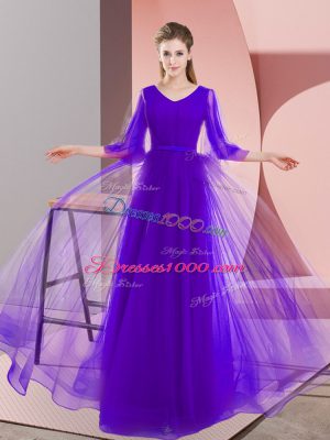 Classical Floor Length Zipper Prom Gown Purple for Prom and Party with Beading