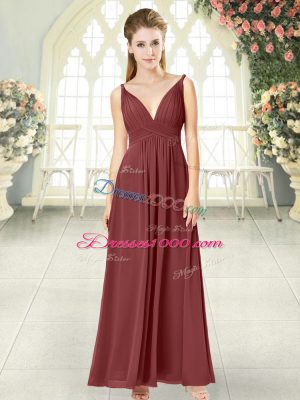 Noble Floor Length Empire Sleeveless Wine Red Prom Gown Backless