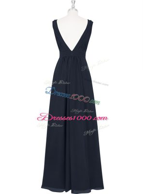 Eye-catching Black V-neck Backless Ruching Prom Evening Gown Sleeveless