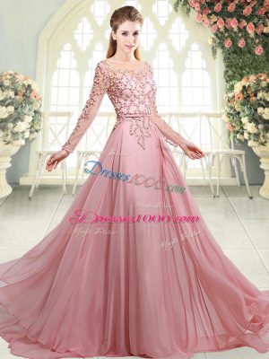 Pink Zipper Evening Dress Beading Long Sleeves Sweep Train