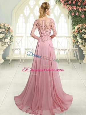 Pink Zipper Evening Dress Beading Long Sleeves Sweep Train