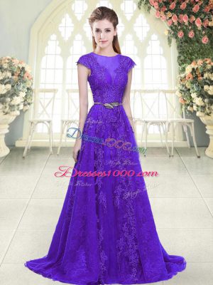 Attractive Cap Sleeves Tulle Brush Train Zipper Prom Gown in Purple with Lace and Appliques