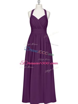 Eggplant Purple Chiffon Zipper Dress for Prom Sleeveless Floor Length Ruching