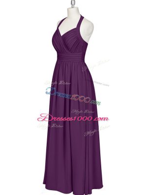 Eggplant Purple Chiffon Zipper Dress for Prom Sleeveless Floor Length Ruching