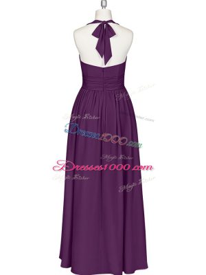 Eggplant Purple Chiffon Zipper Dress for Prom Sleeveless Floor Length Ruching