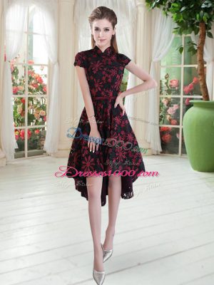 Elegant Short Sleeves Lace High Low Zipper Prom Evening Gown in Red And Black with Appliques