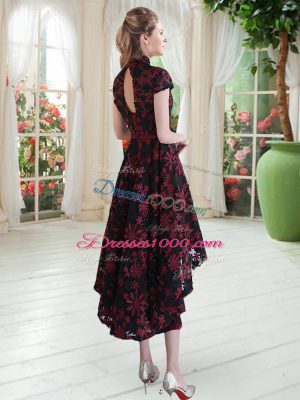 Elegant Short Sleeves Lace High Low Zipper Prom Evening Gown in Red And Black with Appliques