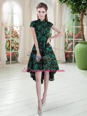 Short Sleeves High Low Appliques Zipper Homecoming Dress with Green