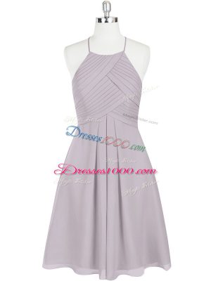 Elegant Grey A-line Halter Top Sleeveless Chiffon Mini Length Zipper Ruching Prom Gown