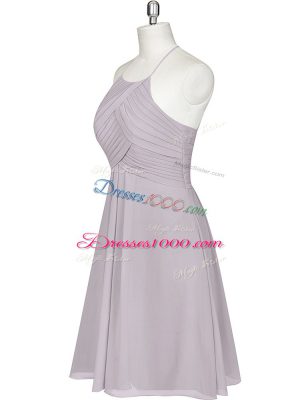 Elegant Grey A-line Halter Top Sleeveless Chiffon Mini Length Zipper Ruching Prom Gown