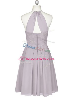 Elegant Grey A-line Halter Top Sleeveless Chiffon Mini Length Zipper Ruching Prom Gown