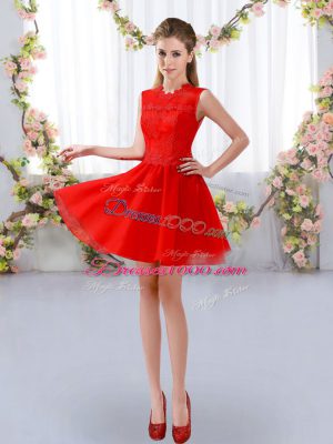 Modern High-neck Sleeveless Zipper Bridesmaid Dresses Red Chiffon