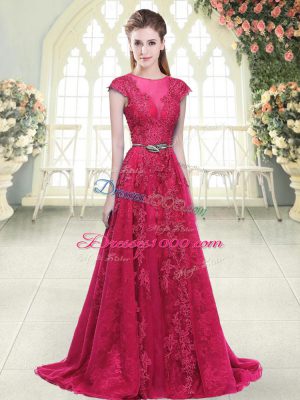 Shining Pink A-line Beading and Lace and Appliques Prom Dresses Zipper Tulle Cap Sleeves